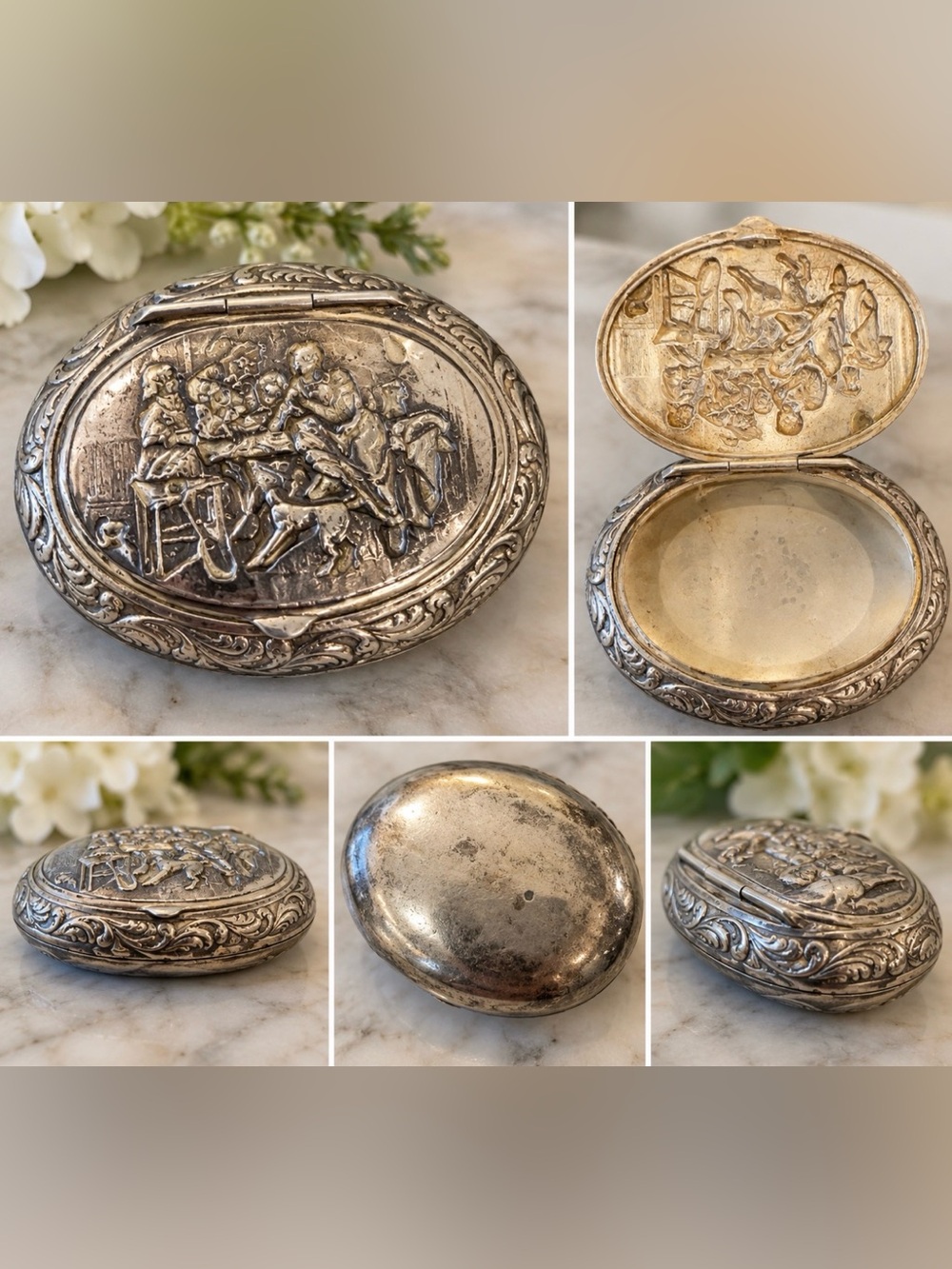 Vintage Ornate Silver-Tone Oval Trinket / Pill Box – Embossed Tavern Scene